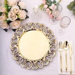6 Round 13" Metallic Plastic Charger Plates With Entwined Swirl Rim - Gold 17 6 Round 13" Metallic Plastic Charger Plates With Entwined Swirl Rim - Gold -Optimal Home Decoration 6 round 13 plastic charger plates with entwined swirl rim gold chrg plst0043 gold 31044747395135
