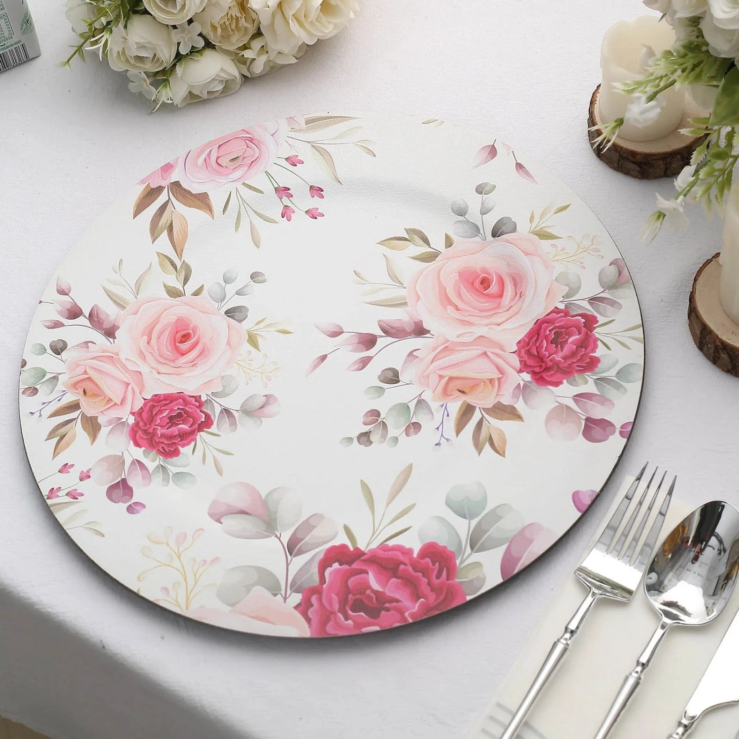 6 Round 13" Rose Floral Print Plastic Charger Plates - Assorted 6 6 Round 13" Rose Floral Print Plastic Charger Plates - Assorted - Image 4