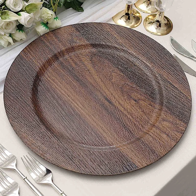 6 Round 13" Rustic Faux Wood Plastic Charger Plates 5 6 Round 13" Rustic Faux Wood Plastic Charger Plates - Image 3