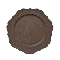 6 Round 13" Rustic Wooden Acrylic Charger Plates With Scallop Rim Design