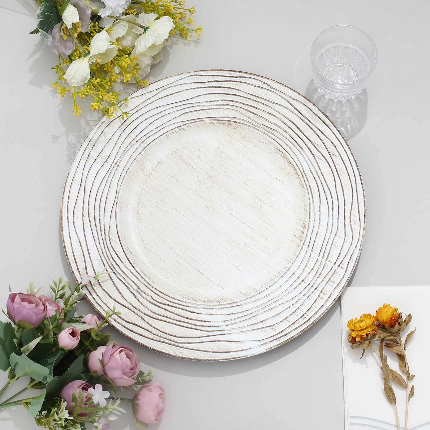 6 Round 13" Rustic Wooden Plastic Charger Plates With Rose Embossed Rim - White Washed 7 6 Round 13" Rustic Wooden Plastic Charger Plates With Rose Embossed Rim - White Washed - Image 5