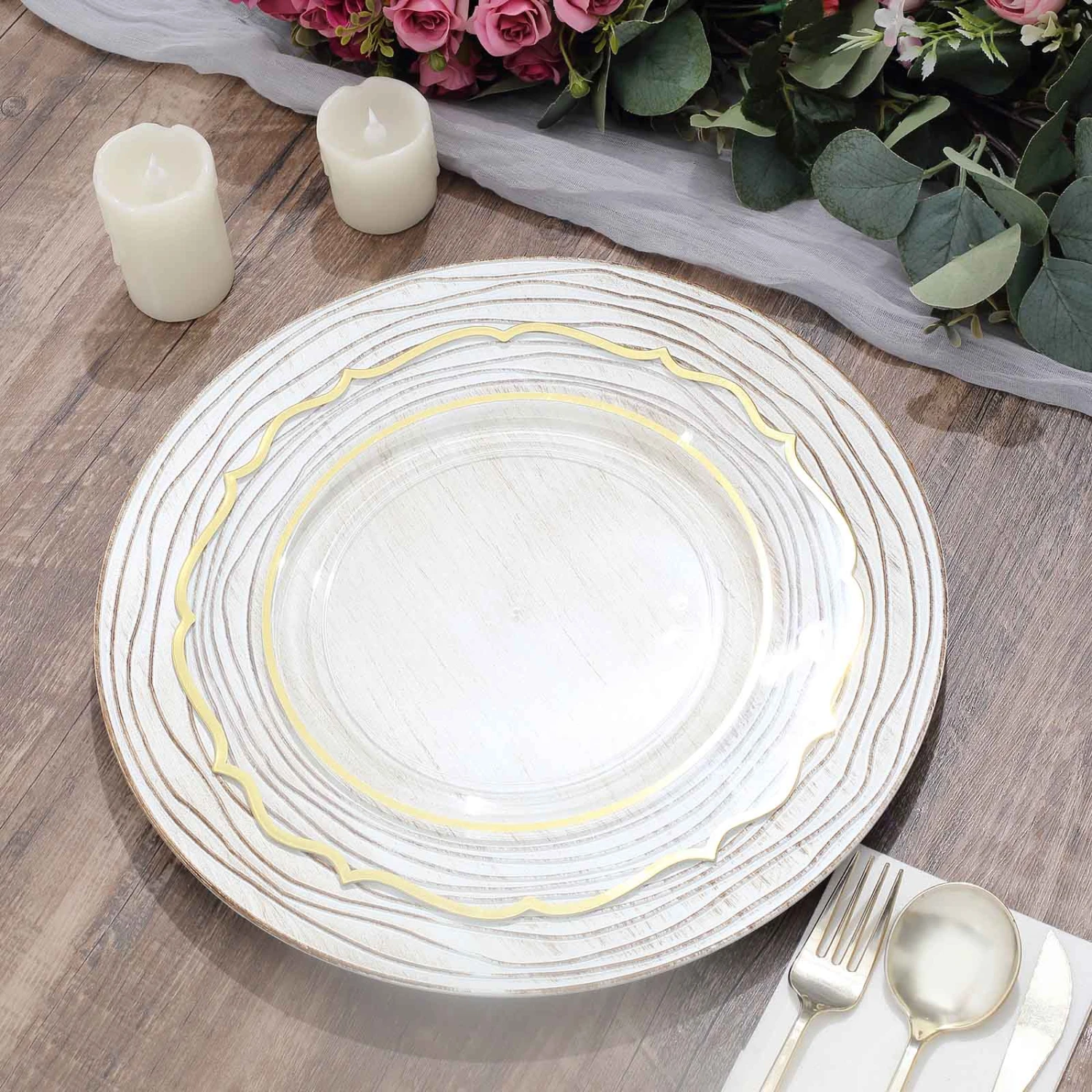 6 Round 13" Rustic Wooden Plastic Charger Plates With Rose Embossed Rim - White Washed 11 6 Round 13" Rustic Wooden Plastic Charger Plates With Rose Embossed Rim - White Washed - Image 9