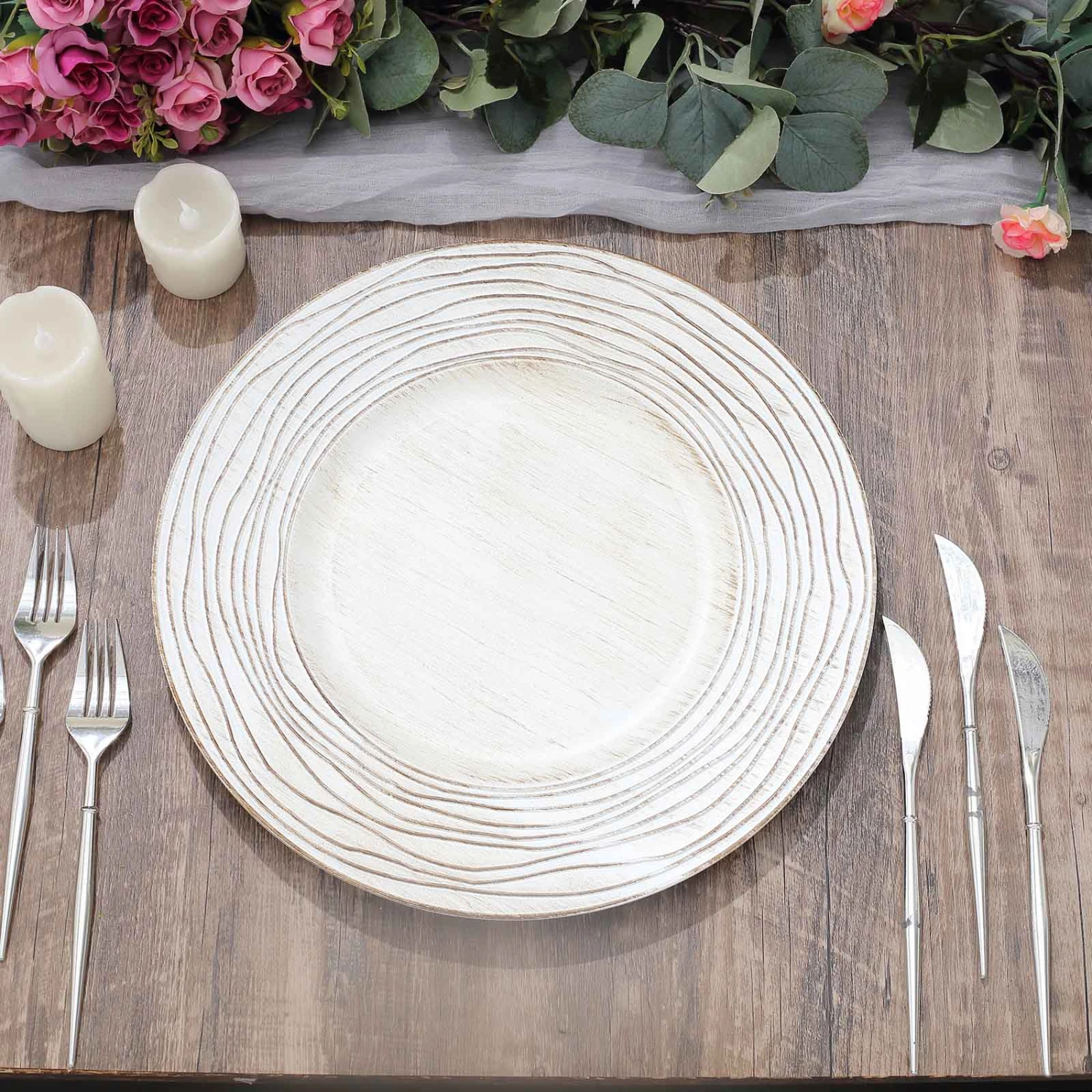 6 Round 13" Rustic Wooden Plastic Charger Plates With Rose Embossed Rim - White Washed 8 6 Round 13" Rustic Wooden Plastic Charger Plates With Rose Embossed Rim - White Washed - Image 6