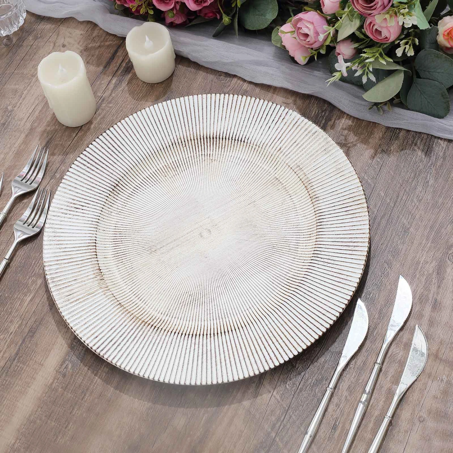 6 Round 13" Rustic Wooden Plastic Charger Plates With Sunray Design - White Washed 6 6 Round 13" Rustic Wooden Plastic Charger Plates With Sunray Design - White Washed - Image 4