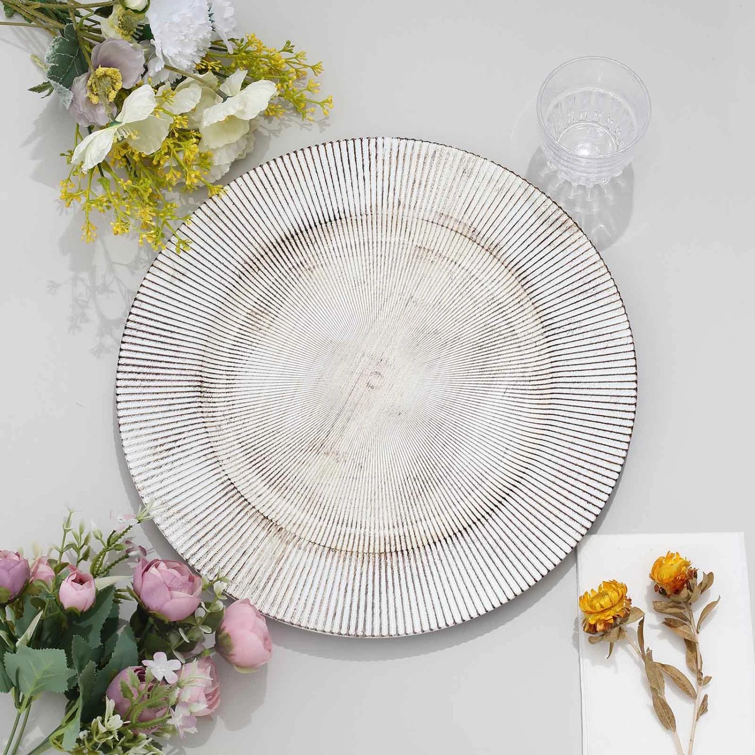 6 Round 13" Rustic Wooden Plastic Charger Plates With Sunray Design - White Washed 7 6 Round 13" Rustic Wooden Plastic Charger Plates With Sunray Design - White Washed - Image 5