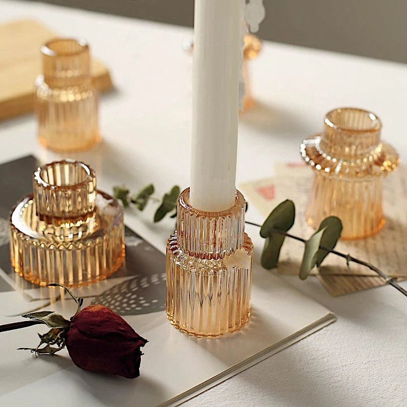 6 Round 3" Mini Ribbed Glass Taper Candle Holders Centerpieces 9 6 Round 3" Mini Ribbed Glass Taper Candle Holders Centerpieces - Image 7