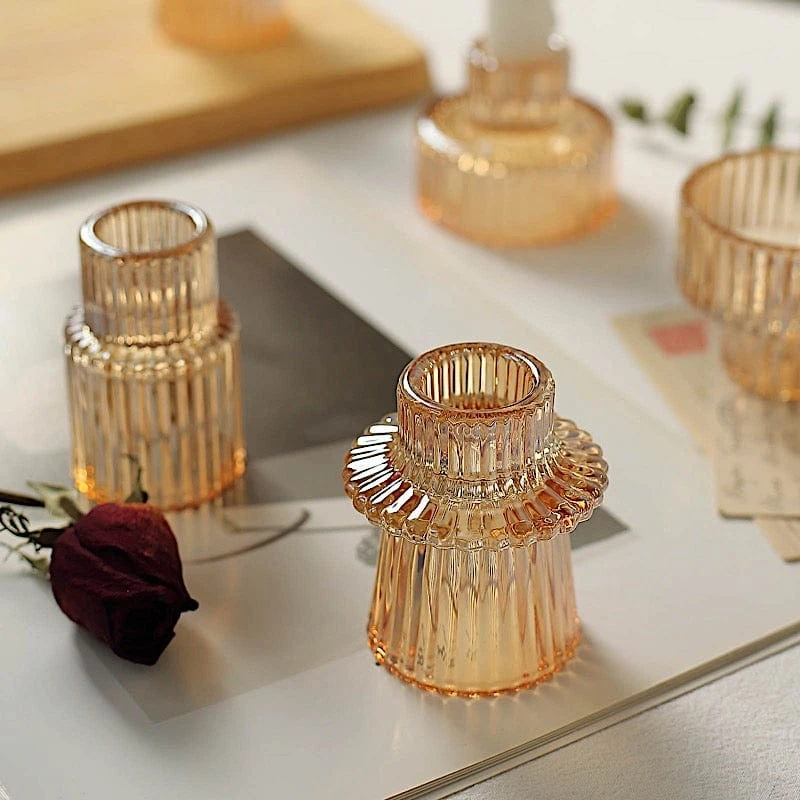 6 Round 3" Mini Ribbed Glass Taper Candle Holders Centerpieces 12 6 Round 3" Mini Ribbed Glass Taper Candle Holders Centerpieces - Image 10