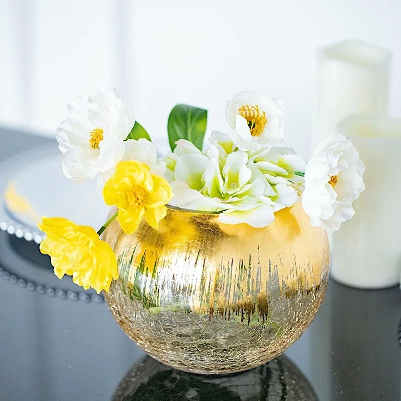 6" Tall Round Crackle Glass Candle Holder Vase - Gold 8 6" Tall Round Crackle Glass Candle Holder Vase - Gold - Image 6