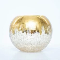6" Tall Round Crackle Glass Candle Holder Vase - Gold
