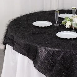 72"x72" Polyester Square Table Overlay With Metallic Foil Tinsel -Optimal Home Decoration 72 metallic fringe shag tinsel square polyester table overlay black 30927618408511