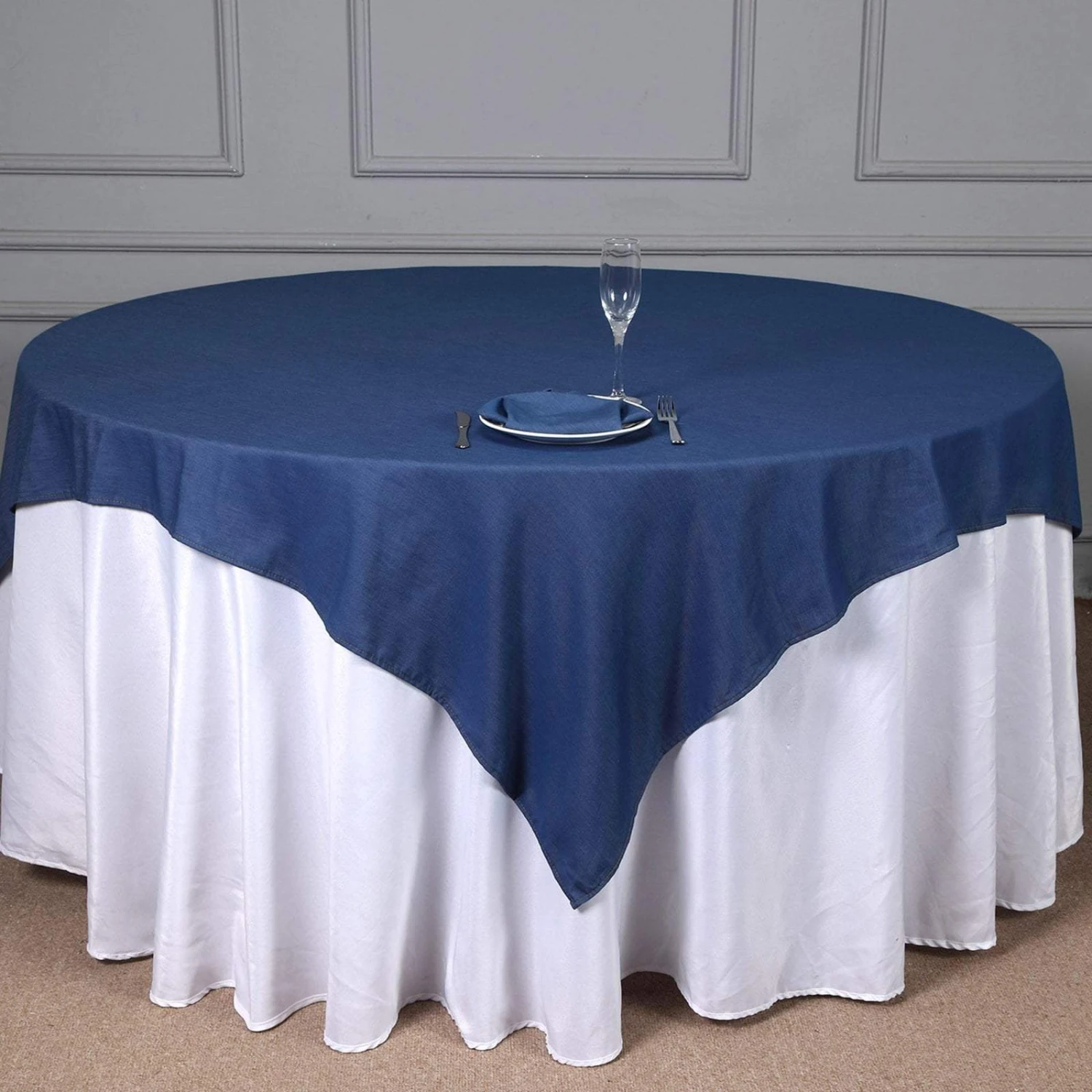 72" X 72" Faux Denim Polyester Table Overlay - Dark Blue 8 72" X 72" Faux Denim Polyester Table Overlay - Dark Blue - Image 6