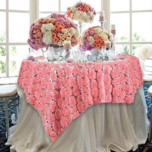 72" X 72" Satin Ribbon Flowers On Lace Table Overlay 4 72" X 72" Satin Ribbon Flowers On Lace Table Overlay - Image 2