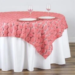 72" X 72" Satin Ribbon Flowers On Lace Table Overlay