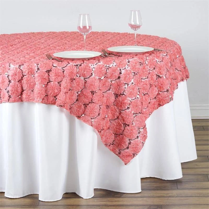 72" X 72" Satin Ribbon Flowers On Lace Table Overlay 3 72" X 72" Satin Ribbon Flowers On Lace Table Overlay