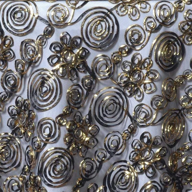72" X 72" Satin Ribbon Flowers On Tulle Table Overlay - Black And Gold 4 72" X 72" Satin Ribbon Flowers On Tulle Table Overlay - Black And Gold - Image 2