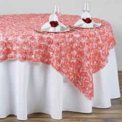 72" X 72" Satin Ribbon Roses On Lace Table Overlay