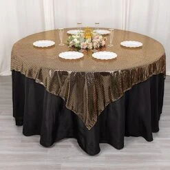 72" X 72" Polyester Square Table Overlay With Mirror Foil - Black And Gold -Optimal Home Decoration 72 x 72 shiny foil polyester table overlay disco mirror ball theme black and gold lay72 25a blkgd 31044394778687