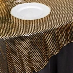 72" X 72" Polyester Square Table Overlay With Mirror Foil - Black And Gold -Optimal Home Decoration 72 x 72 shiny foil polyester table overlay disco mirror ball theme black and gold lay72 25a blkgd 31044395073599