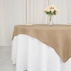 72"x72" Faux Burlap Square Table Overlay - Natural -Optimal Home Decoration 72 x72 faux burlap square table overlay natural lay72 jute03 nat 29139776602175