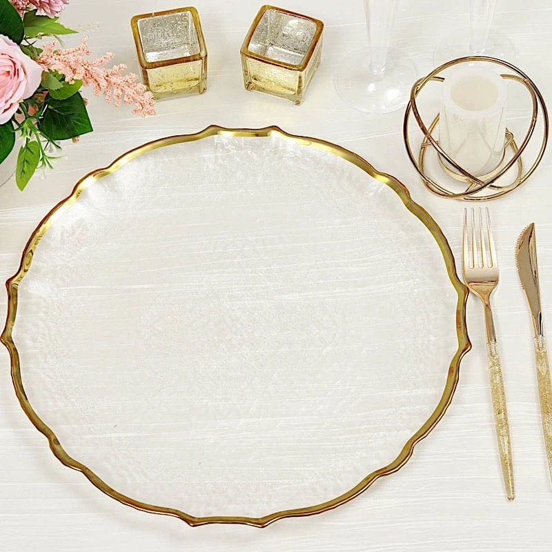 8 Round 13" Glass Charger Plates With Scalloped Rim - Clear And Gold 6 8 Round 13" Glass Charger Plates With Scalloped Rim - Clear And Gold - Image 4