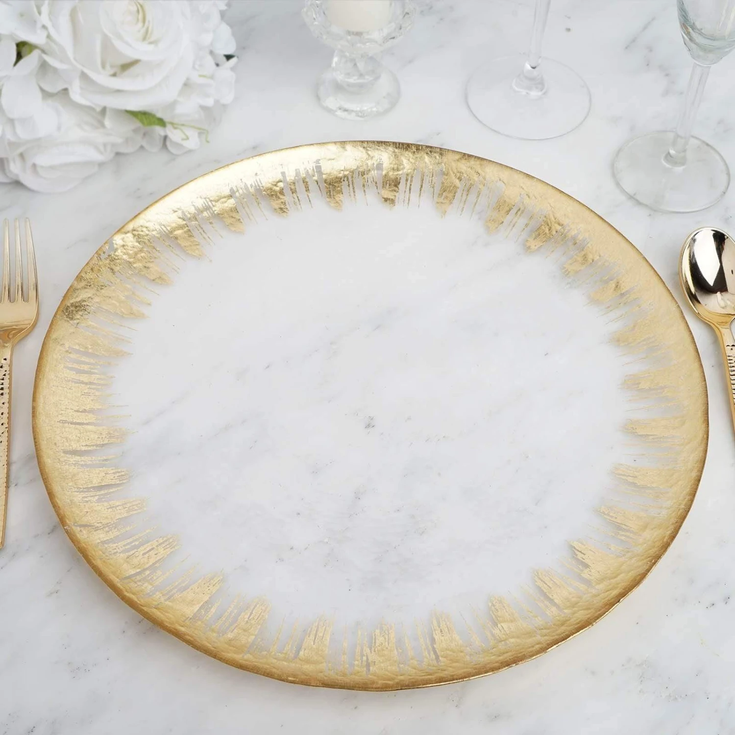8 Pcs 13" Round Glass Charger Plates - Clear With Gold Spray Rim 8 8 Pcs 13" Round Glass Charger Plates - Clear With Gold Spray Rim - Image 6