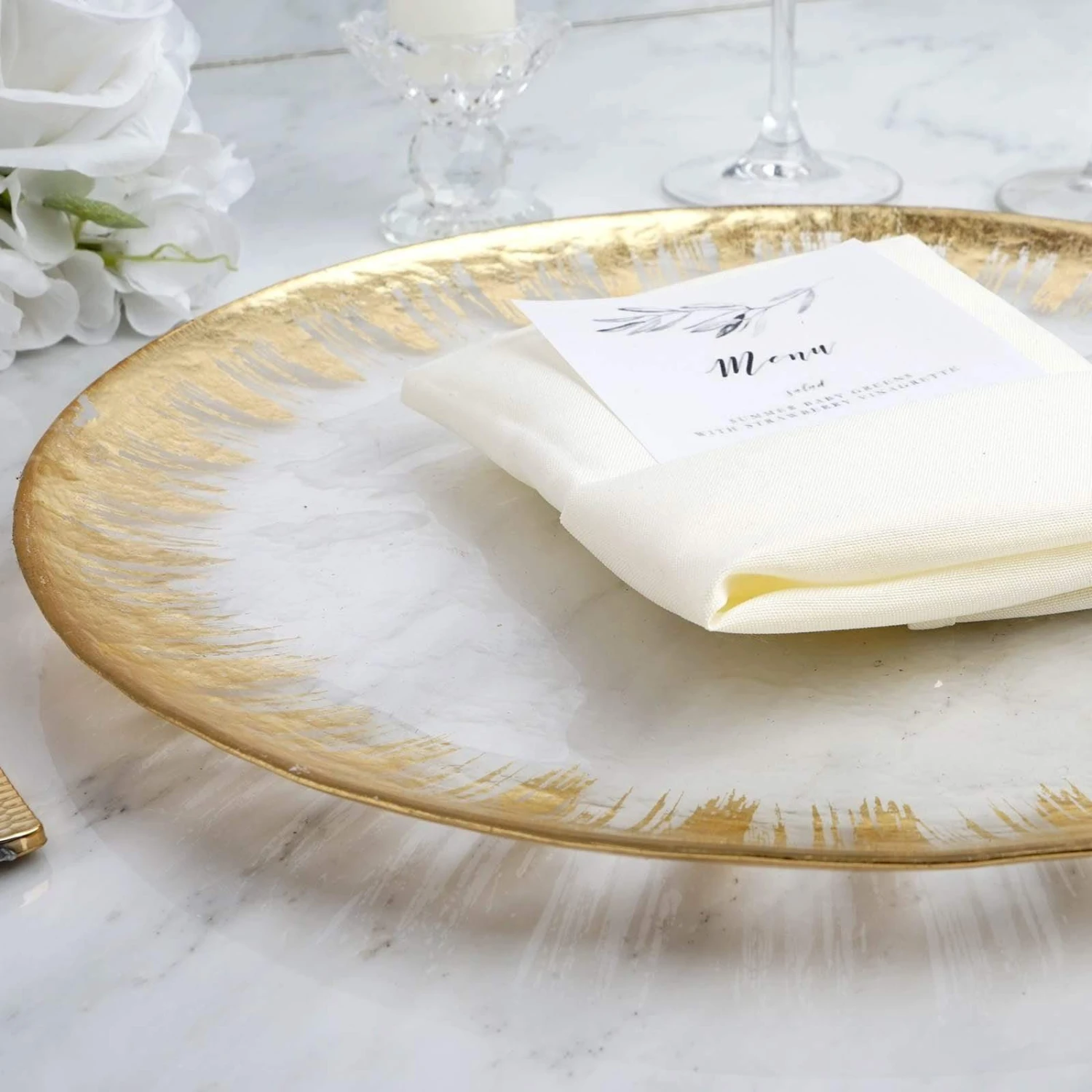 8 Pcs 13" Round Glass Charger Plates - Clear With Gold Spray Rim 6 8 Pcs 13" Round Glass Charger Plates - Clear With Gold Spray Rim - Image 4