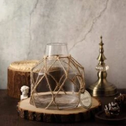 8" Tall Tapered Neck Glass Jar Vase With Net And Coin Tag - Clear And Brown 18 8" Tall Tapered Neck Glass Jar Vase With Net And Coin Tag - Clear And Brown -Optimal Home Decoration 8 tall tapered neck glass jar vase with net and coin tag clear and brown vase a47 8 13767918321727