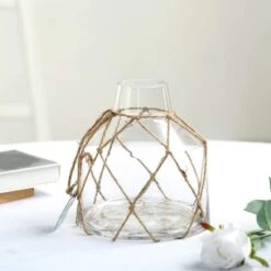 8" Tall Tapered Neck Glass Jar Vase With Net And Coin Tag - Clear And Brown 14 8" Tall Tapered Neck Glass Jar Vase With Net And Coin Tag - Clear And Brown -Optimal Home Decoration 8 tall tapered neck glass jar vase with net and coin tag clear and brown vase a47 8 13767920418879