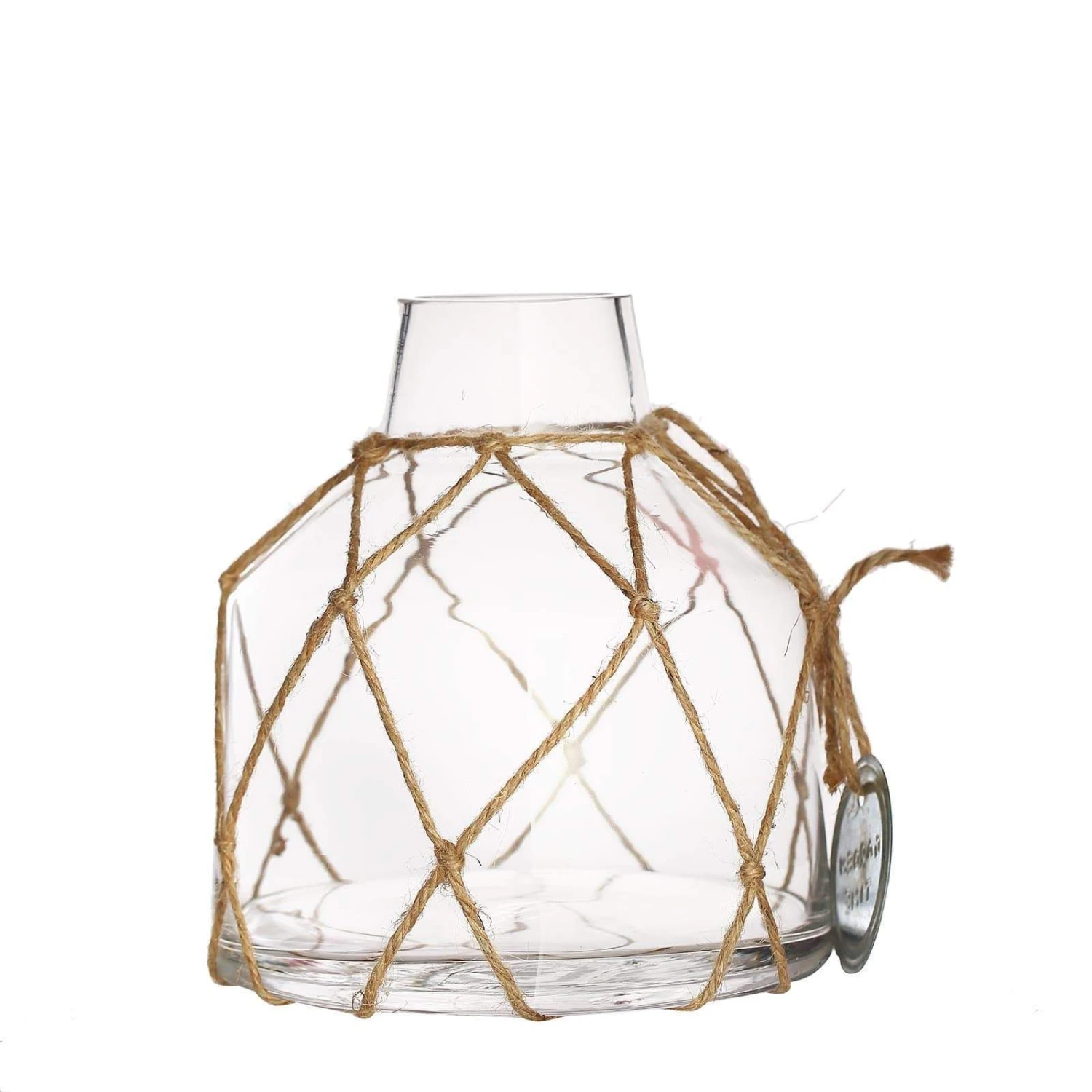 8" Tall Tapered Neck Glass Jar Vase With Net And Coin Tag - Clear And Brown 3 8" Tall Tapered Neck Glass Jar Vase With Net And Coin Tag - Clear And Brown