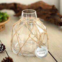 8" Tall Tapered Neck Glass Jar Vase With Net And Coin Tag - Clear And Brown 15 8" Tall Tapered Neck Glass Jar Vase With Net And Coin Tag - Clear And Brown -Optimal Home Decoration 8 tall tapered neck glass jar vase with net and coin tag clear and brown vase a47 8 28506517504063