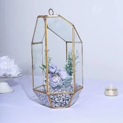 9" Tall Geometric Glass Terrarium Vase With Metal Frame - Clear With Gold -Optimal Home Decoration 9 tall geometric glass terrarium vase with metal frame clear with gold glas vase009 gold 15853987070015