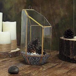 9" Tall Geometric Glass Terrarium Vase With Metal Frame - Clear With Gold -Optimal Home Decoration 9 tall geometric glass terrarium vase with metal frame clear with gold glas vase009 gold 28509737877567