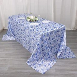 90" X 132" Floral Satin Rectangular Tablecloth - White With Blue -Optimal Home Decoration 90 x132 chinoiserie floral print satin rectangular tablecloth white and blue tab stn flor 90132 blue 30984330674239