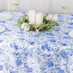 90" X 132" Floral Satin Rectangular Tablecloth - White With Blue -Optimal Home Decoration 90 x132 chinoiserie floral print satin rectangular tablecloth white and blue tab stn flor 90132 blue 30984330707007