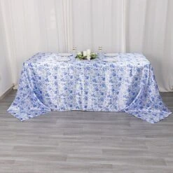 90" X 132" Floral Satin Rectangular Tablecloth - White With Blue -Optimal Home Decoration 90 x132 chinoiserie floral print satin rectangular tablecloth white and blue tab stn flor 90132 blue 30984330805311