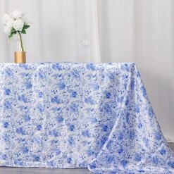 90" X 132" Floral Satin Rectangular Tablecloth - White With Blue -Optimal Home Decoration 90 x132 chinoiserie floral print satin rectangular tablecloth white and blue tab stn flor 90132 blue 30984330838079