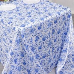 90" X 132" Floral Satin Rectangular Tablecloth - White With Blue -Optimal Home Decoration 90 x132 chinoiserie floral print satin rectangular tablecloth white and blue tab stn flor 90132 blue 30984330969151