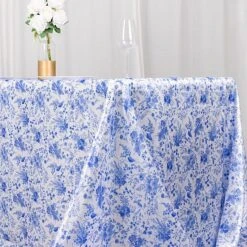 90" X 132" Floral Satin Rectangular Tablecloth - White With Blue -Optimal Home Decoration 90 x132 chinoiserie floral print satin rectangular tablecloth white and blue tab stn flor 90132 blue 30984331067455