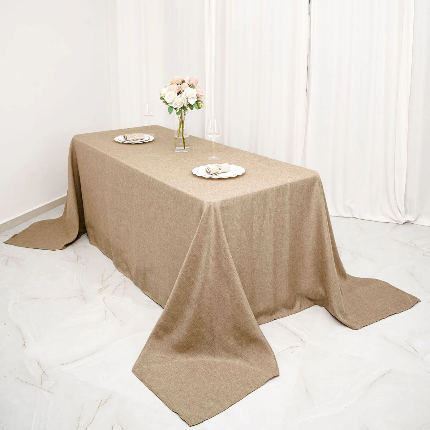 90"x132" Rectangular Faux Burlap Tablecloth - Natural 9 90"x132" Rectangular Faux Burlap Tablecloth - Natural - Image 7