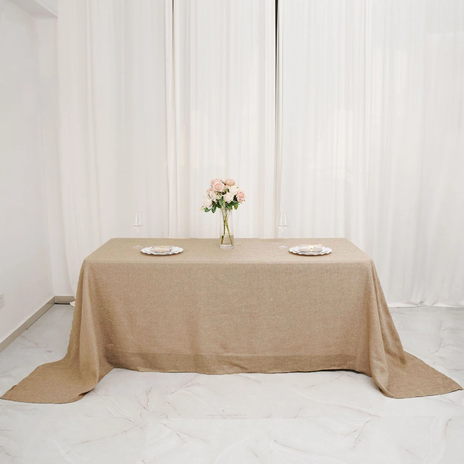 90"x132" Rectangular Faux Burlap Tablecloth - Natural 6 90"x132" Rectangular Faux Burlap Tablecloth - Natural - Image 4