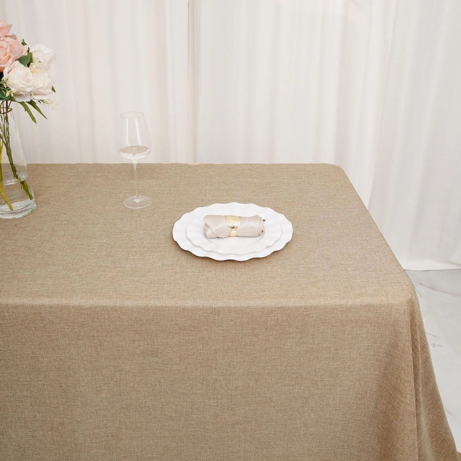 90"x132" Rectangular Faux Burlap Tablecloth - Natural 11 90"x132" Rectangular Faux Burlap Tablecloth - Natural - Image 9
