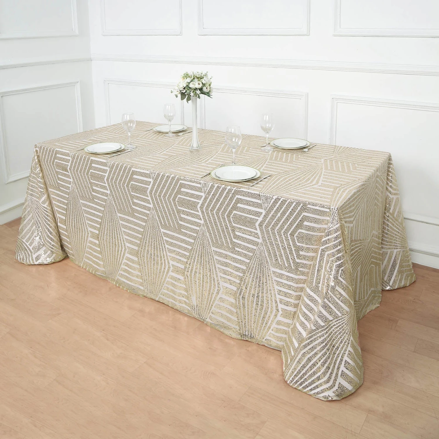 90"x132" Tulle Rectangular Tablecloth With Sequins And Geometric Pattern 18 90"x132" Tulle Rectangular Tablecloth With Sequins And Geometric Pattern - Image 16