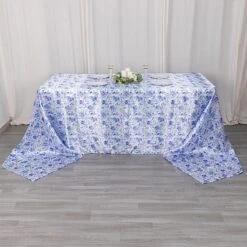 90" X 156" Floral Satin Rectangular Tablecloth - White With Blue -Optimal Home Decoration 90 x156 chinoiserie floral print satin rectangular tablecloth white and blue tab stn flor 90156 blue 30984346402879