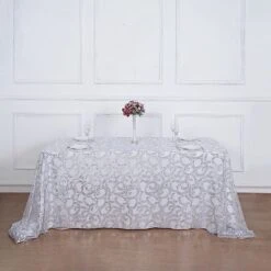 90x156" Sheer Tulle Rectangular Tablecloth With Embroidered Sequins 41 90x156" Sheer Tulle Rectangular Tablecloth With Embroidered Sequins -Optimal Home Decoration 90x156 sequin leaf embroidered tulle rectangular tablecloth 30906247774271