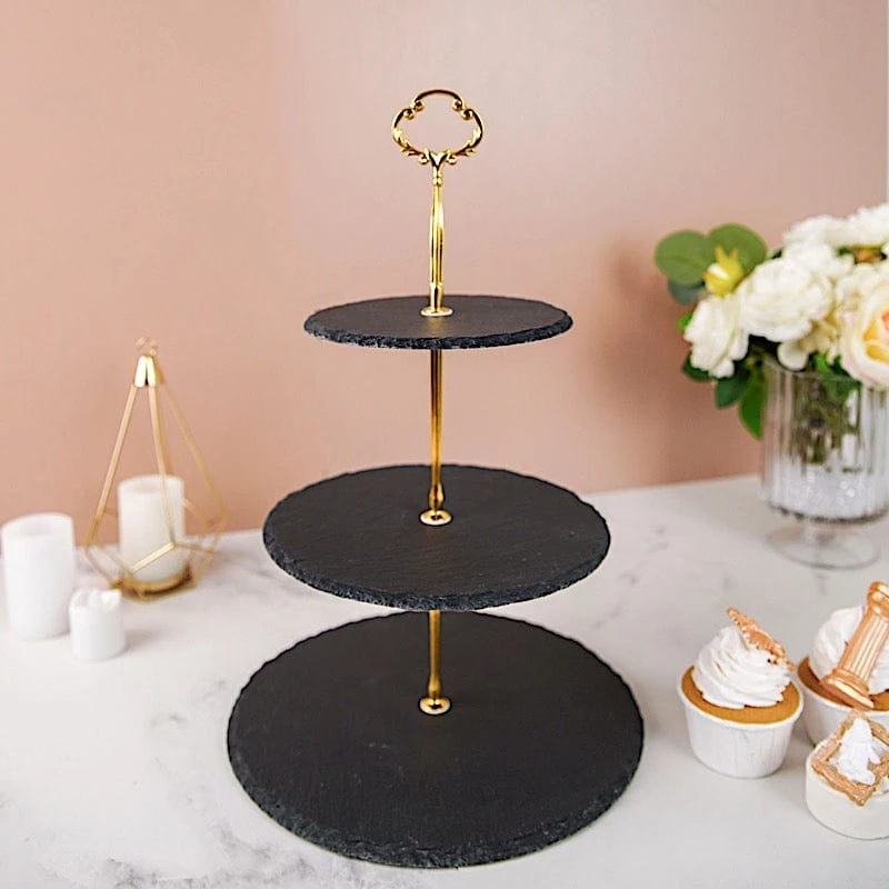 15" Tall 3 Tier Dessert Stand Round Stone Plates Cupcake Holder - Black With Gold 7 15" Tall 3 Tier Dessert Stand Round Stone Plates Cupcake Holder - Black With Gold - Image 5