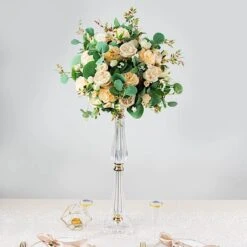 Metal With Acrylic Crystal Pillar Candle Holders Flower Pedestal Stand - Gold And Clear -Optimal Home Decoration acrylic crystal pillar candle stand clear and gold 30752202817599