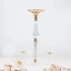 Metal With Acrylic Crystal Pillar Candle Holders Flower Pedestal Stand - Gold And Clear -Optimal Home Decoration acrylic crystal pillar candle stand clear and gold 30752202948671