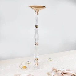 Metal With Acrylic Crystal Pillar Candle Holders Flower Pedestal Stand - Gold And Clear -Optimal Home Decoration acrylic crystal pillar candle stand clear and gold 30752204292159