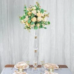 Metal With Acrylic Crystal Pillar Candle Holders Flower Pedestal Stand - Gold And Clear -Optimal Home Decoration acrylic crystal pillar candle stand clear and gold 30752204324927