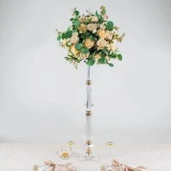 Metal With Acrylic Crystal Pillar Candle Holders Flower Pedestal Stand - Gold And Clear -Optimal Home Decoration acrylic crystal pillar candle stand clear and gold 30752204357695